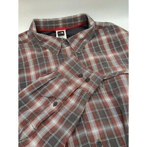 North Face Mens‎ Button Up Casual Shirt Gray Maroon Plaid Long Sleeve
